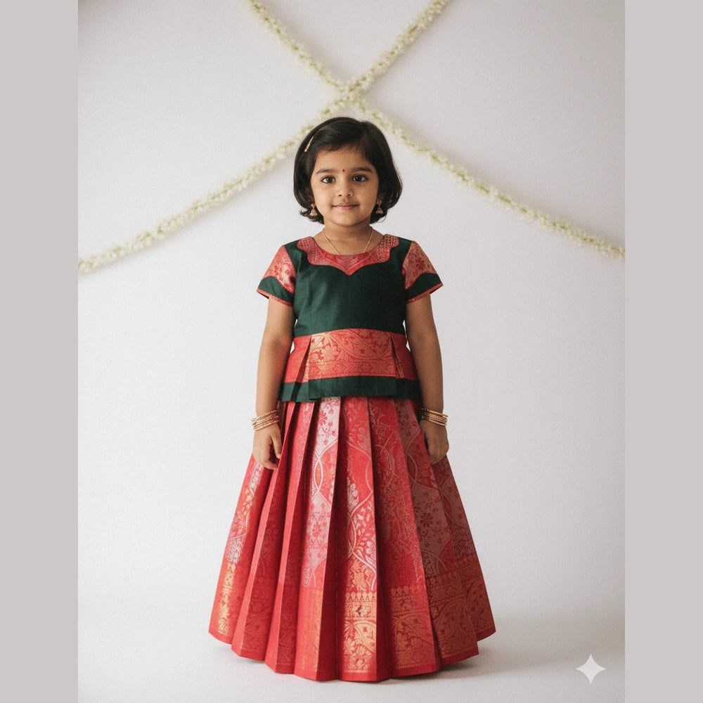 Kids DarkGreen And Red Designer Pattu Pavadai PPP1399