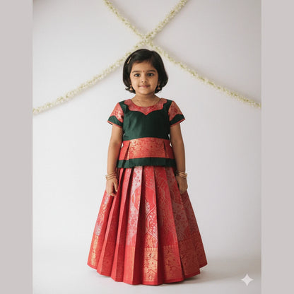 Kids DarkGreen And Red Designer Pattu Pavadai PPP1399