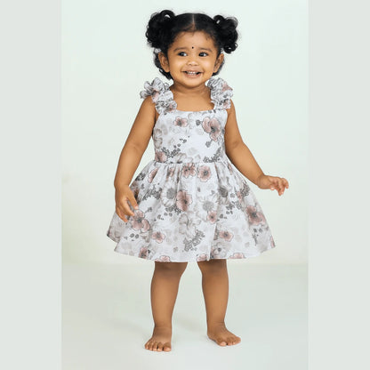 Kids Floral Grey White Cotton Frock CF324