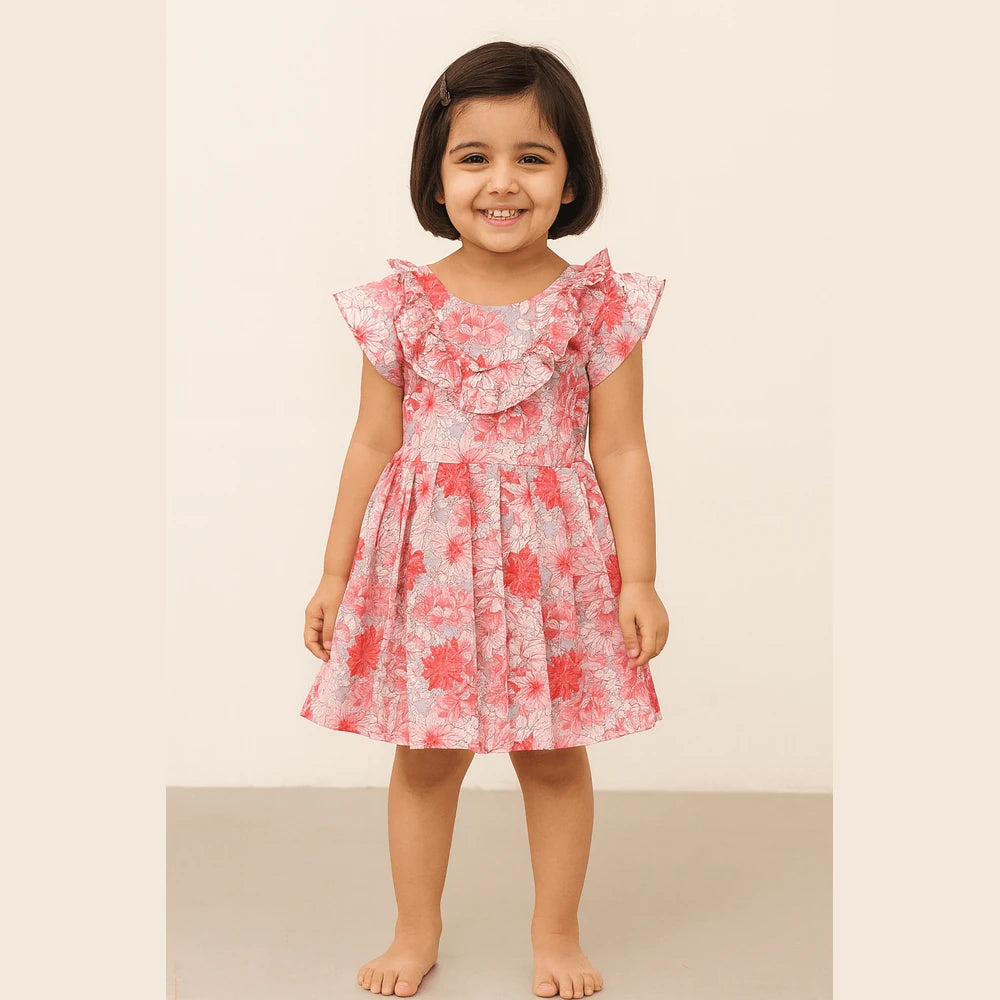Kids Floral Pink Halfwhite hakoba Frock CF337
