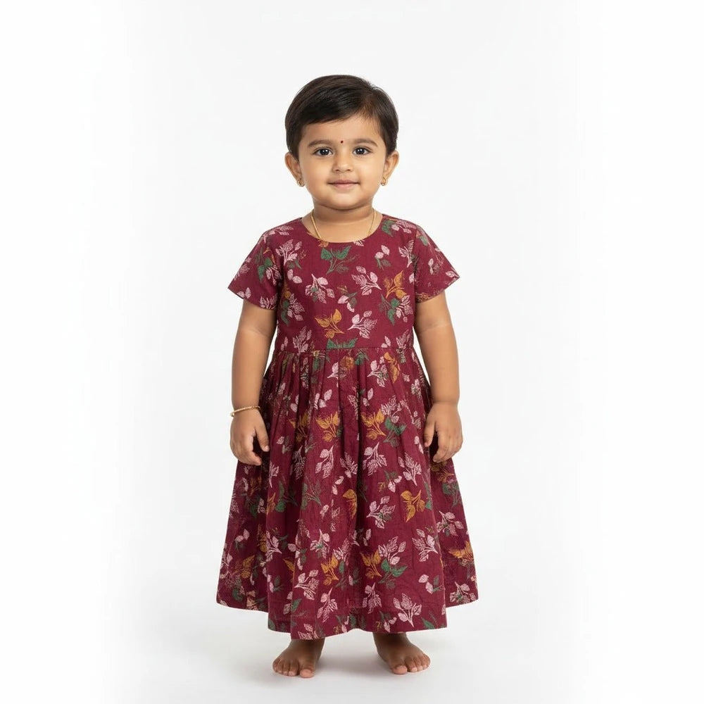 Kids Flower Printed Cotton Frock in Wine CF278