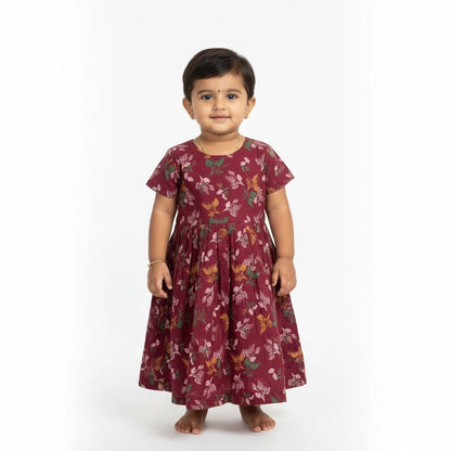 Kids Flower Printed Cotton Frock in Wine CF278