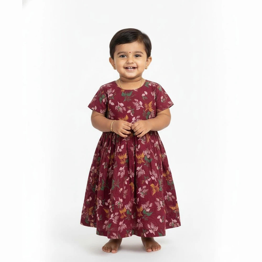 Kids Flower Printed Cotton Frock in Wine CF278