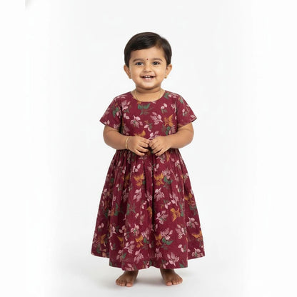 Kids Flower Printed Cotton Frock in Wine CF278