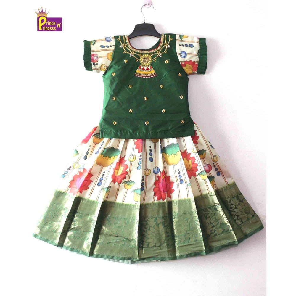 Kids Green AARI Work Digital Print Banarasi Designer Pattu Pavadai PPP1342