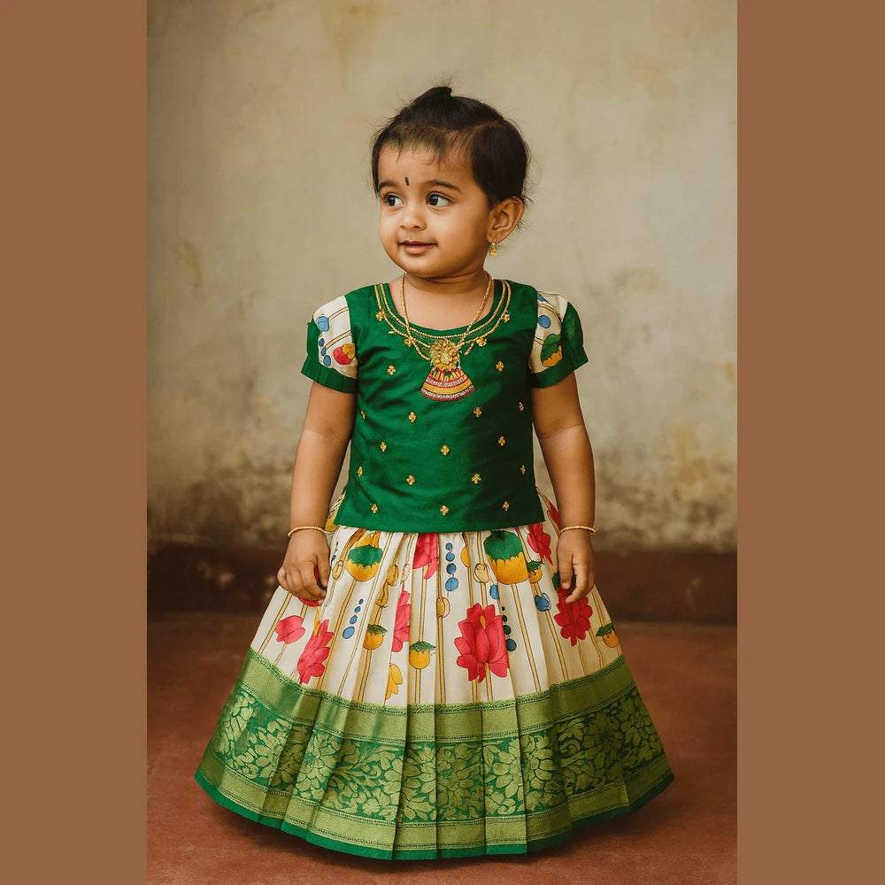 Kids Green AARI Work Digital Print Banarasi Designer Pattu Pavadai PPP1342