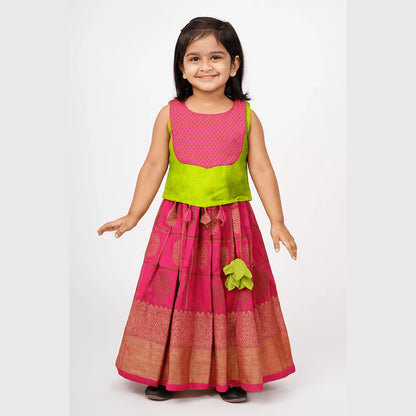 Kids Green And Pink Trendy Pattu pavadai PPP1761