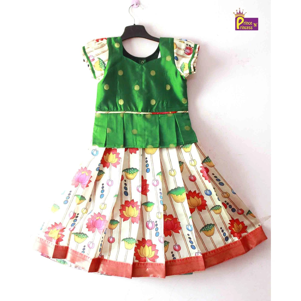 Kids Green Half White Festival Wear Pattu Pavadai PPP1411