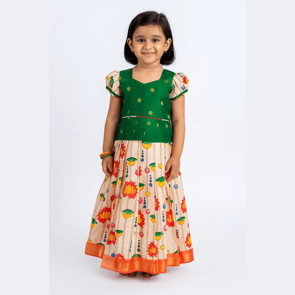 Kids Green Half White Festival Wear Pattu Pavadai PPP1411