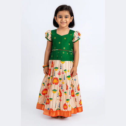 Kids Green Half White Festival Wear Pattu Pavadai PPP1411