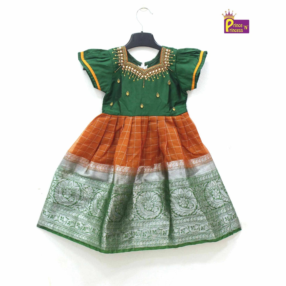 Kids Green Orange Organza AARI Ethnic Party Gown PG385