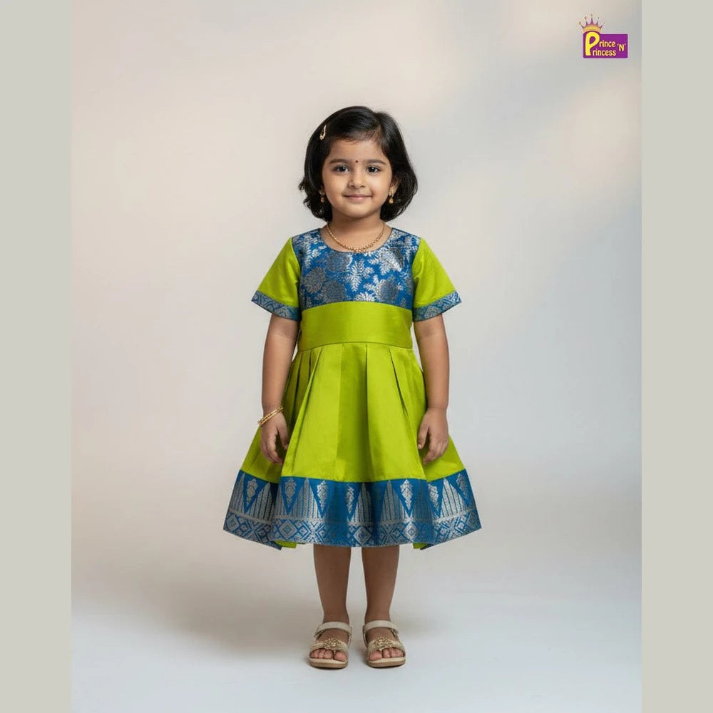 Kids Green With Blue Party Frock LDF333
