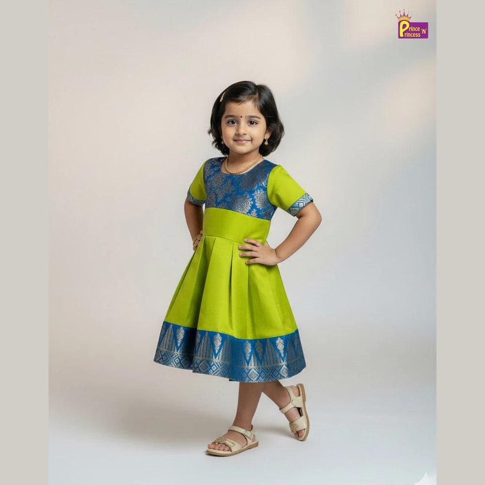 Kids Green With Blue Party Frock LDF333