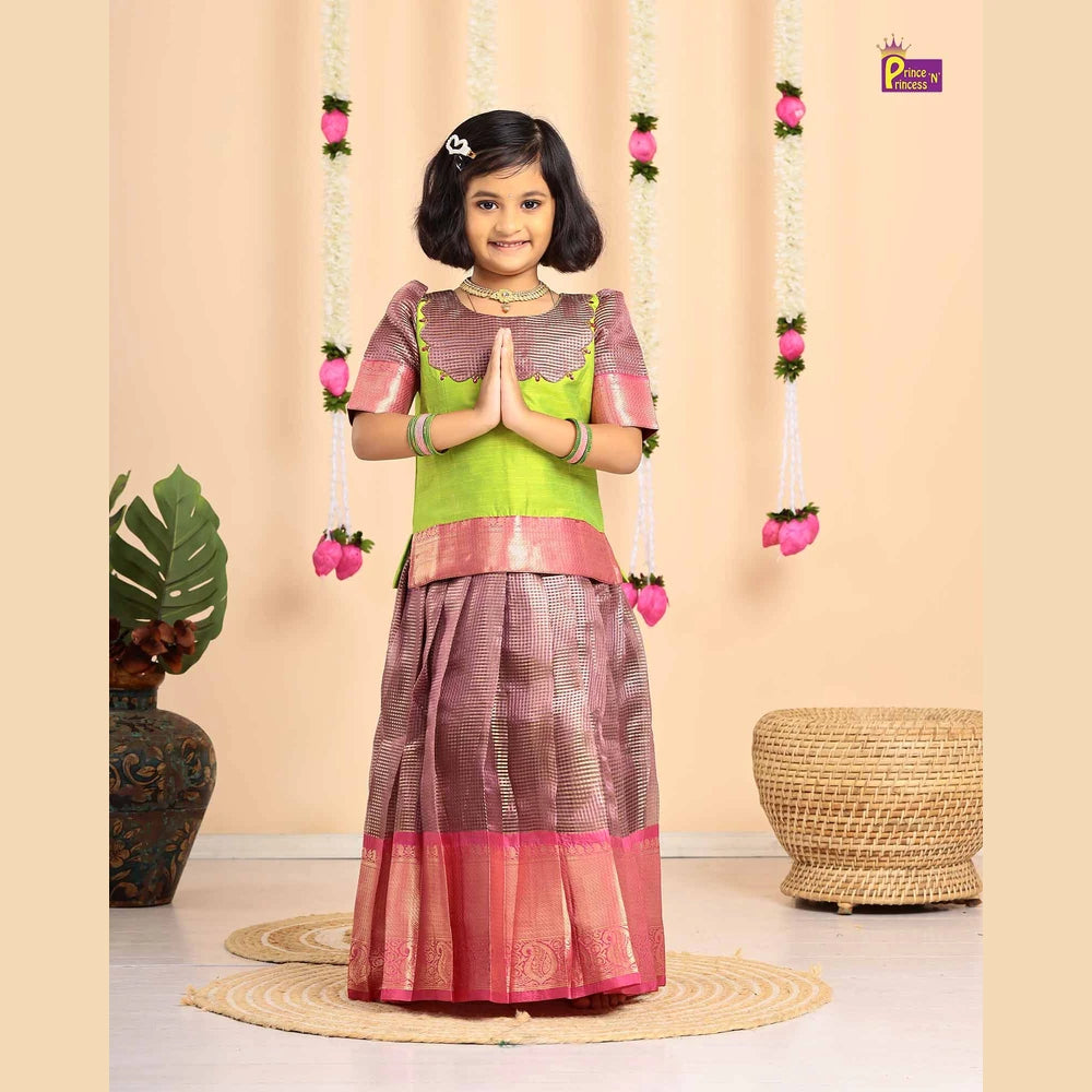 Kids Green with Pink Traditional Pattupavadai PPP1692