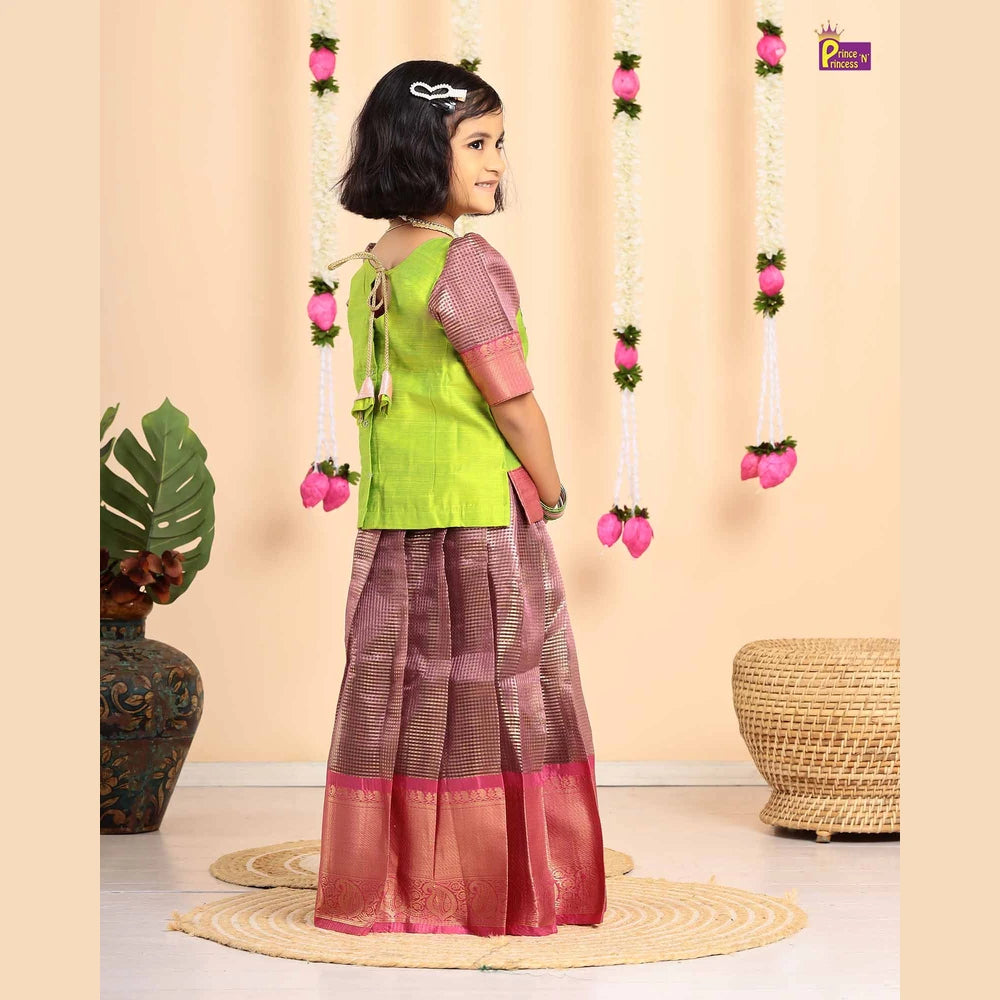 Kids Green with Pink Traditional Pattupavadai PPP1692