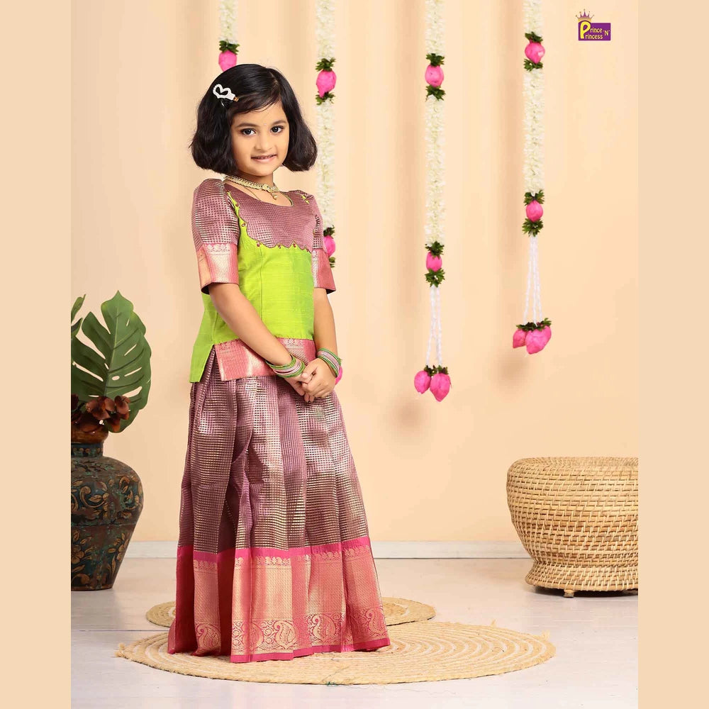Kids Green with Pink Traditional Pattupavadai PPP1692