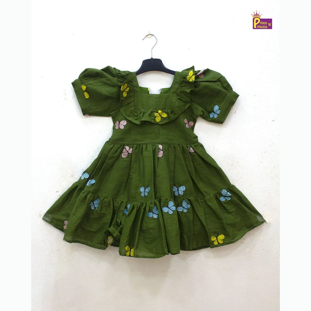 Kids Green With Printed Butterfly Cotton Frock CF369