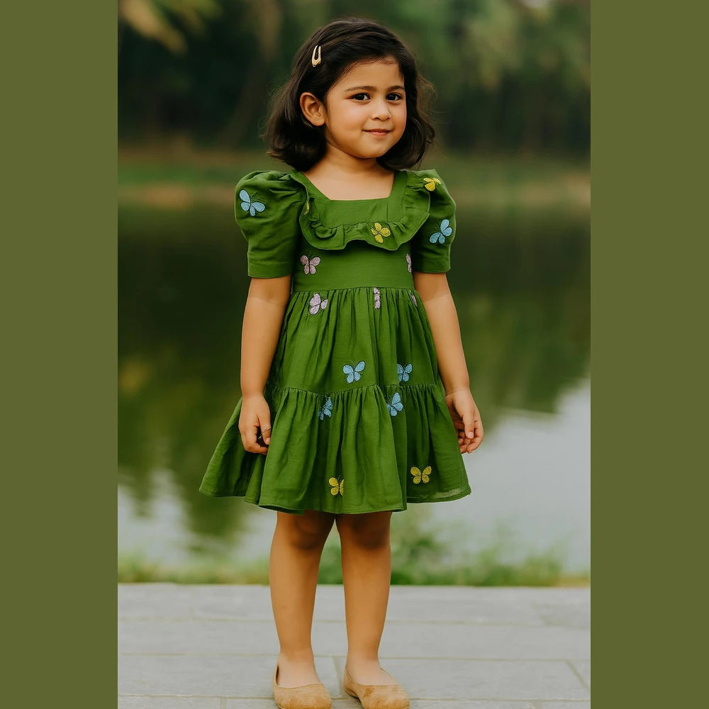 Kids Green With Printed Butterfly Cotton Frock CF369