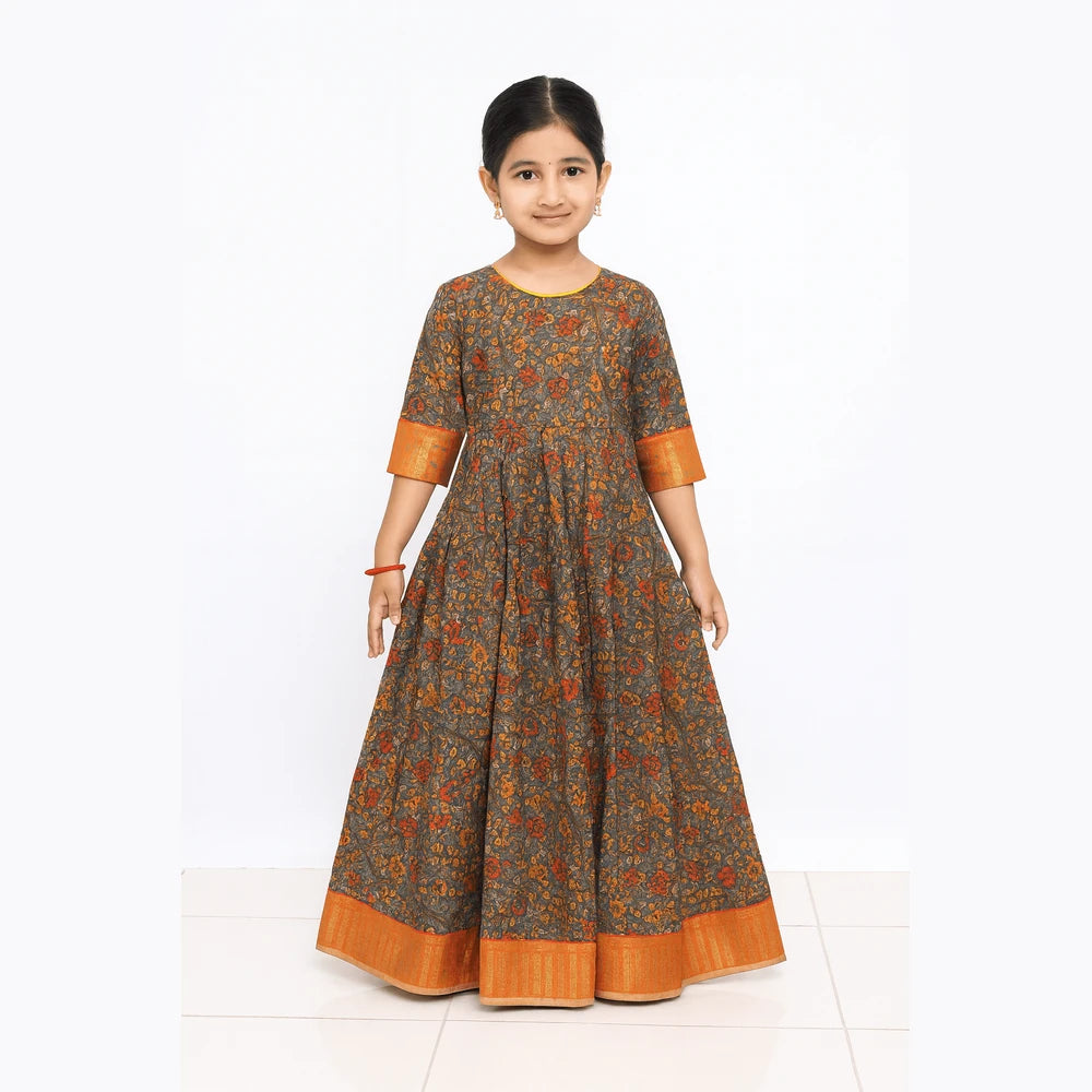 Kids Grey orange Kalamkari Designer Gown PG330