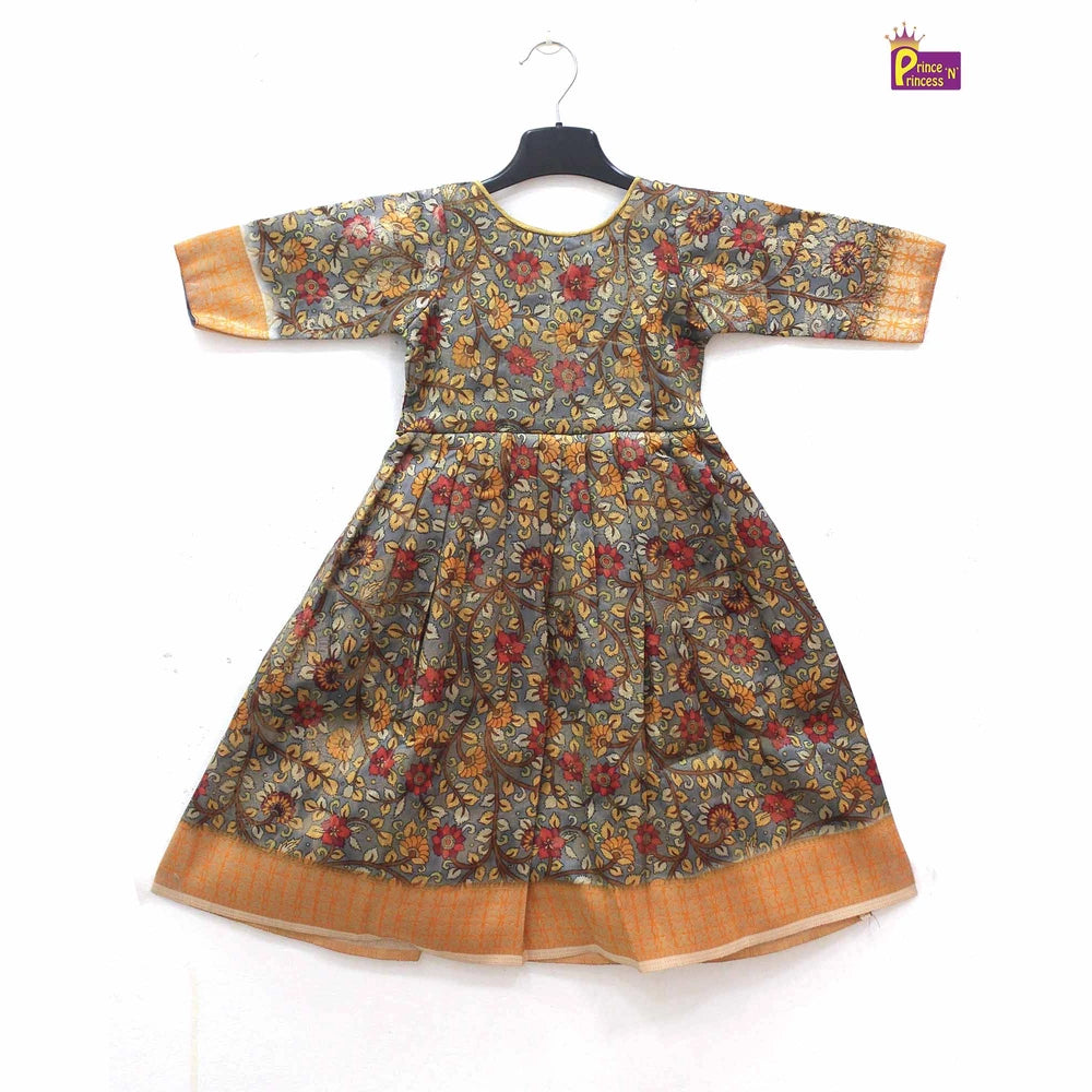 Kids Grey orange Kalamkari Designer Gown PG330