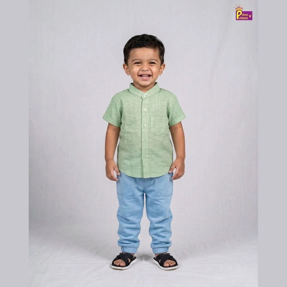 Kids Half Sleeve Chinese Color Cotton Shirt in Pista Green ST227