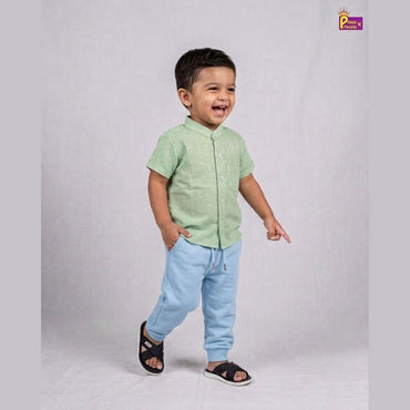 Kids Half Sleeve Chinese Color Cotton Shirt in Pista Green ST227