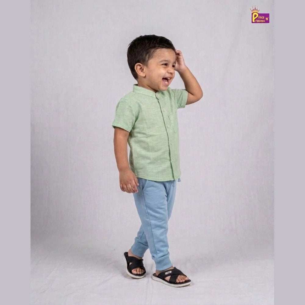 Kids Half Sleeve Chinese Color Cotton Shirt in Pista Green ST227