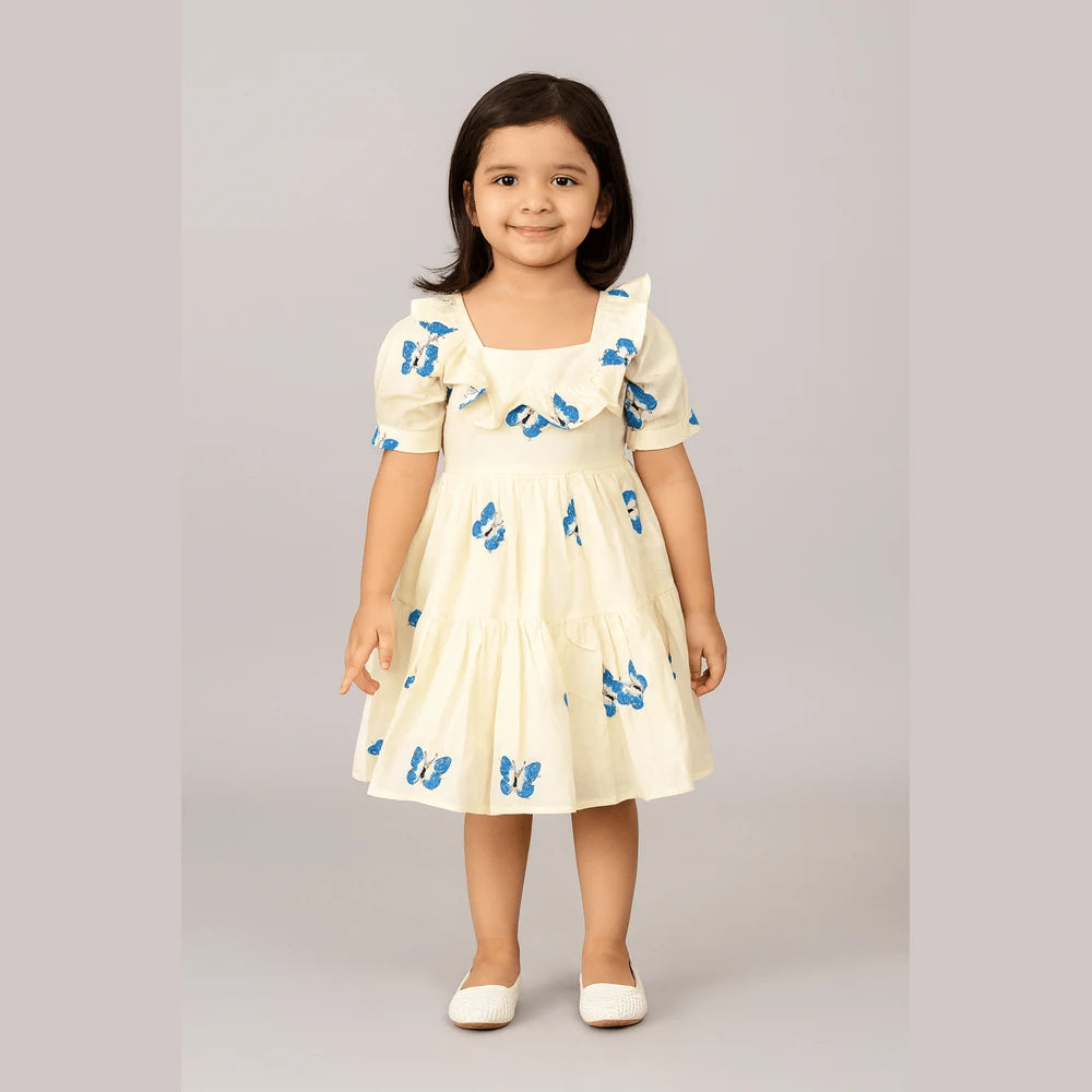 Kids Halfwhite With Blue Embroidery Butterfly Cotton Frock CF374