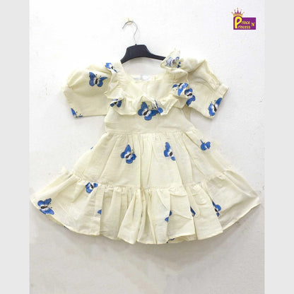 Kids Halfwhite With Blue Embroidery Butterfly Cotton Frock CF374