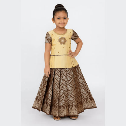 Kids Halfwhite with Brown Traditional AARI Work pattu Pavadai PPP1538