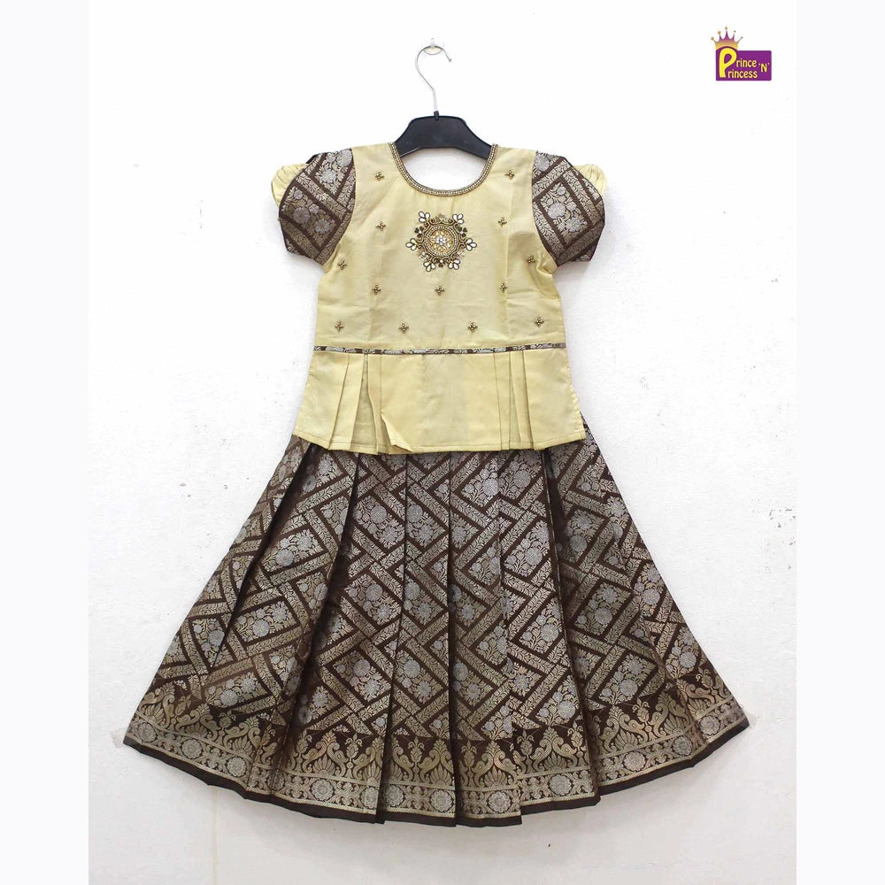 Kids Halfwhite with Brown Traditional AARI Work pattu Pavadai PPP1538