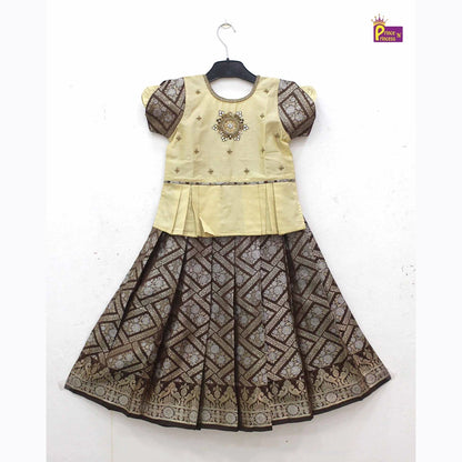 Kids Halfwhite with Brown Traditional AARI Work pattu Pavadai PPP1538