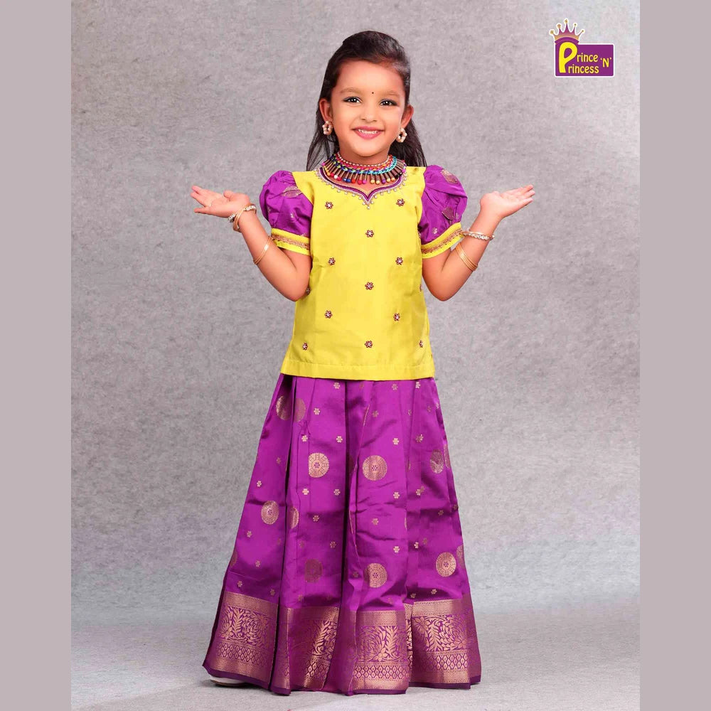 Kids Lemon Green with Purple Grand Aari Work Pattu Pavadai PPP1095