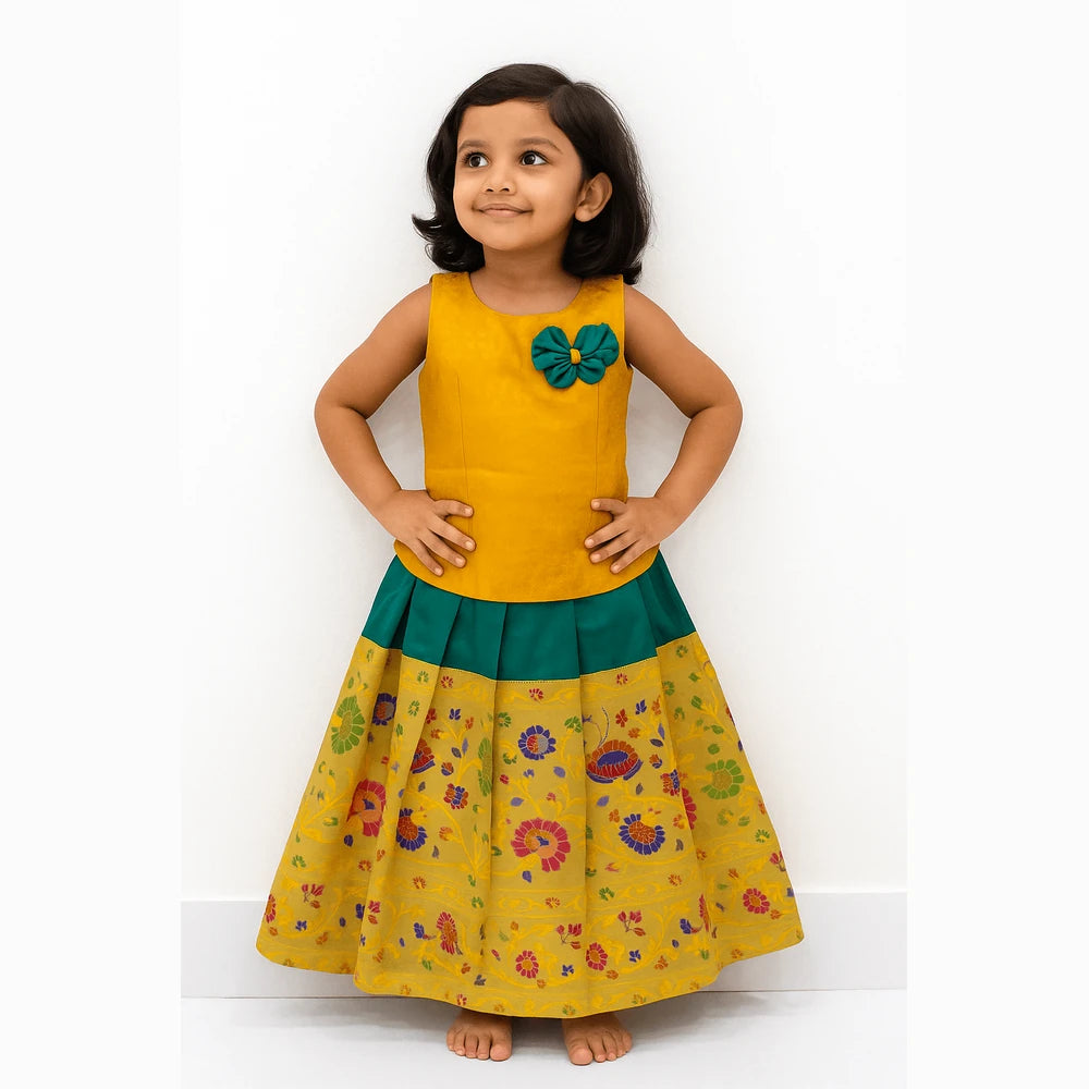 Kids Little Yellow and Green Traditional Pattupavadai PPP1822