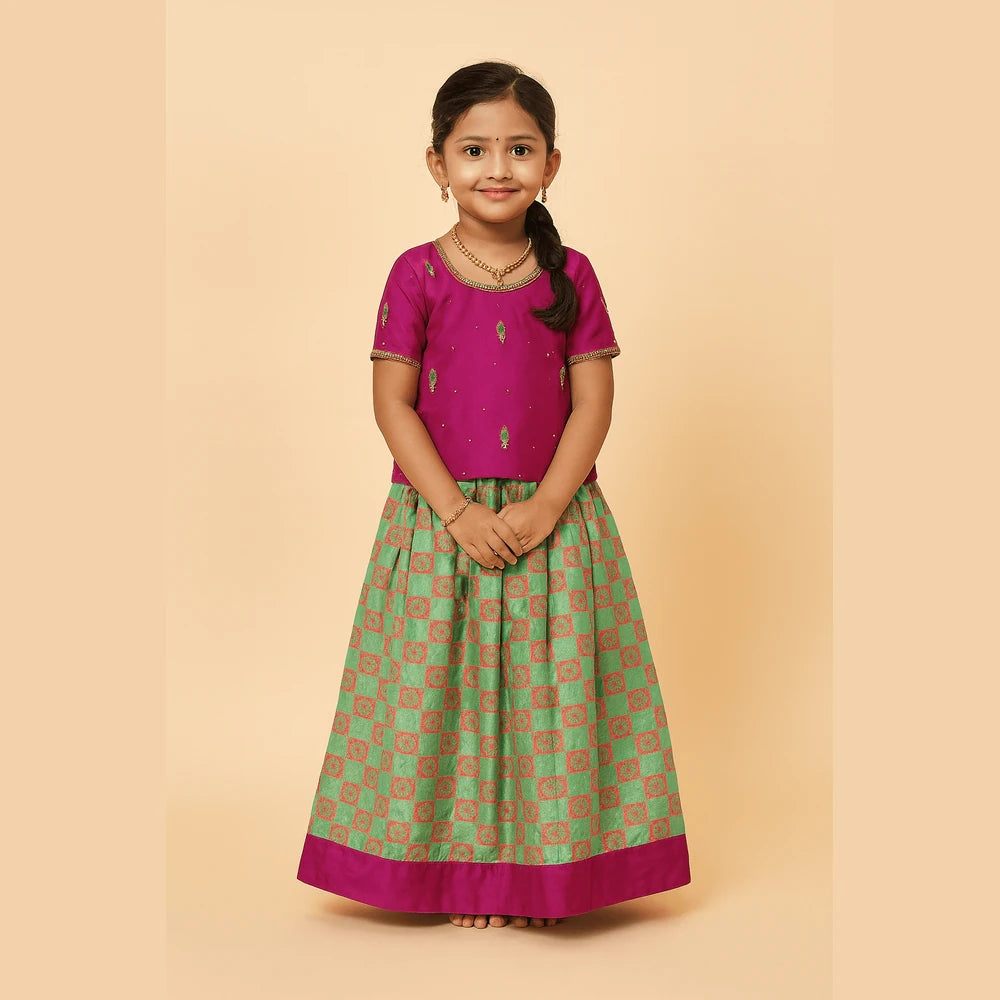 Kids Magenta Rama green AARI Work Designer Pattu Pavadai PPP808