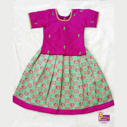Kids Magenta Rama green AARI Work Designer Pattu Pavadai PPP808