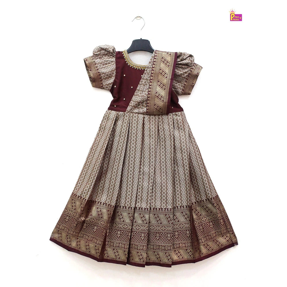 Maroon Banarasi Pattu Gown Semi Saree Pleat Model | Aari Work Gown PG566