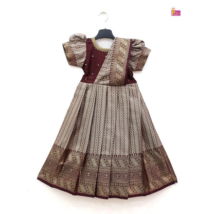 Maroon Banarasi Pattu Gown Semi Saree Pleat Model | Aari Work Gown PG566