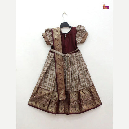 Maroon Banarasi Pattu Gown Semi Saree Pleat Model | Aari Work Gown PG566