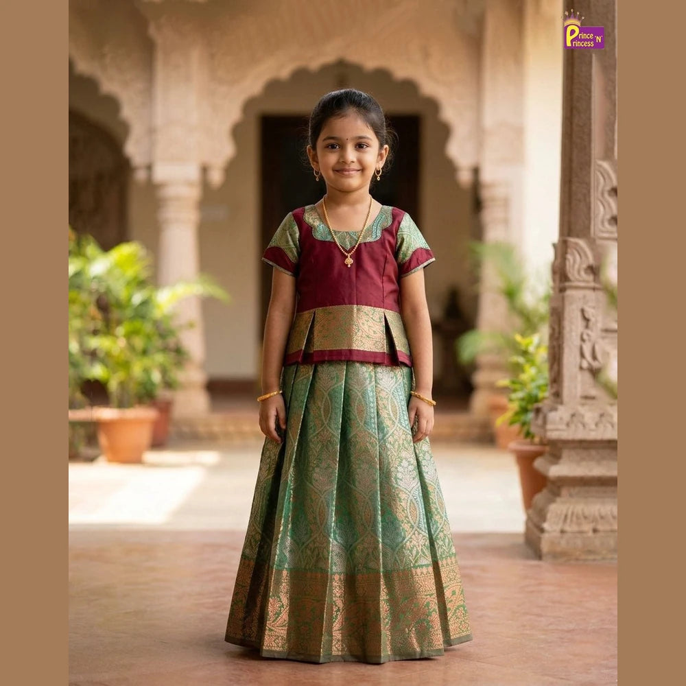 Kids Maroon and Green Designer Pattu Pavadai PPP1398