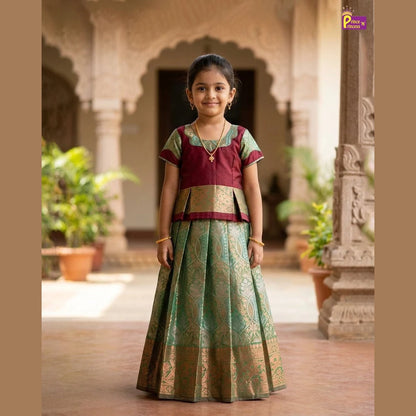 Kids Maroon and Green Designer Pattu Pavadai PPP1398