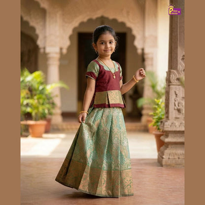 Kids Maroon and Green Designer Pattu Pavadai PPP1398