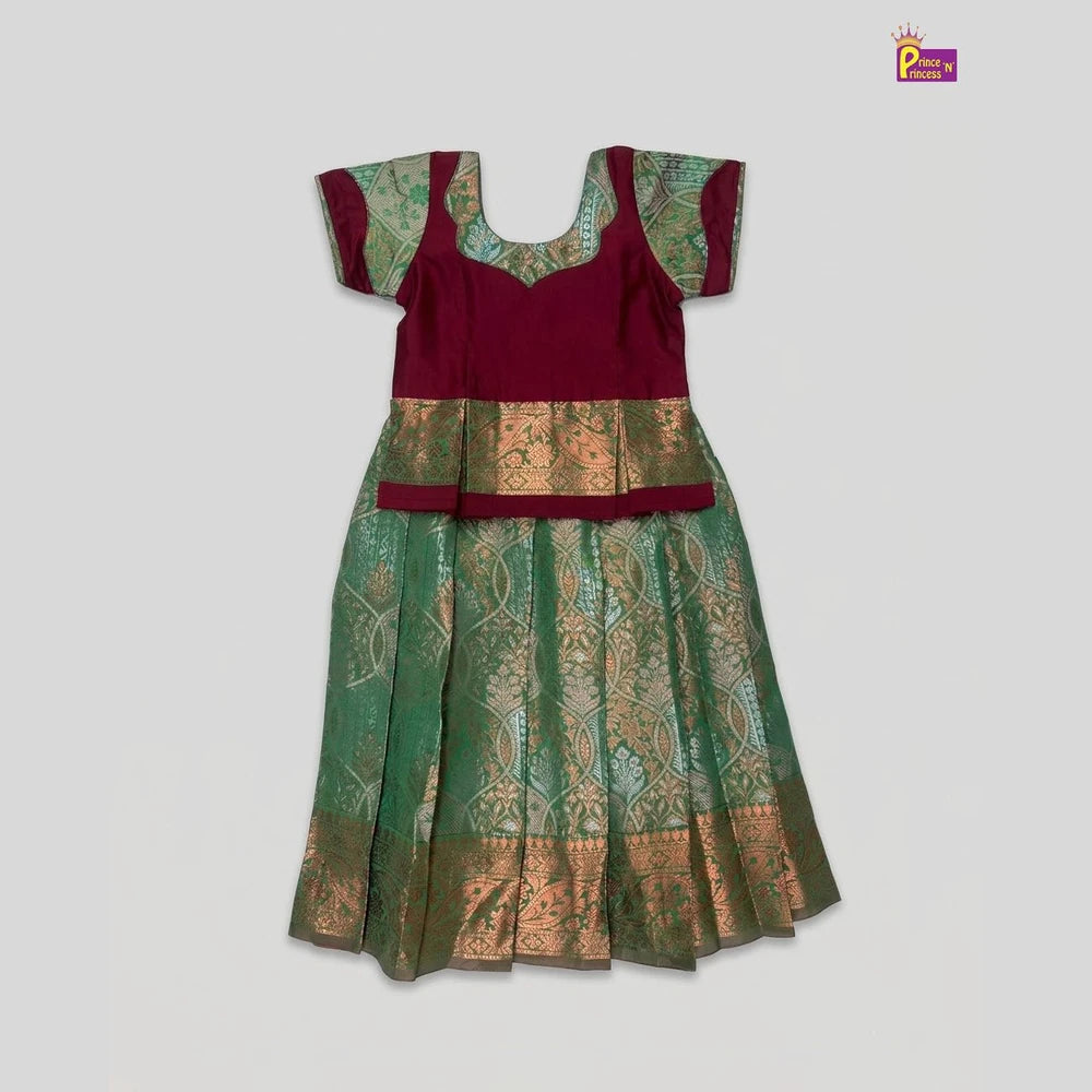 Kids Maroon and Green Designer Pattu Pavadai PPP1398