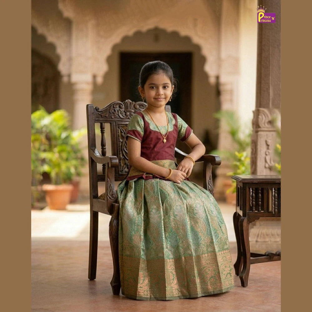 Kids Maroon and Green Designer Pattu Pavadai PPP1398
