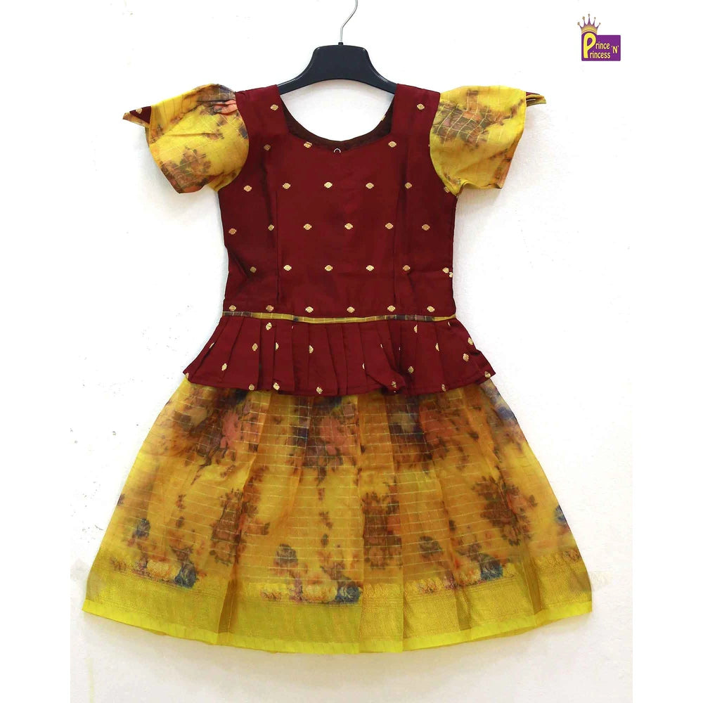 Kids Maroon And Yellow Organza Traditional Pavadai PPP1203