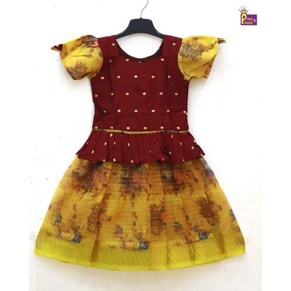 Kids Maroon And Yellow Organza Traditional Pavadai PPP1203