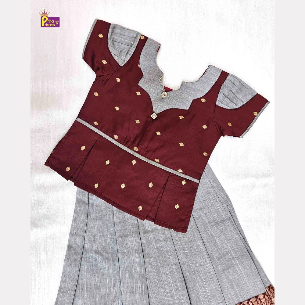 Kids Maroon Grey Traditional Pattu pavadai PPP1509