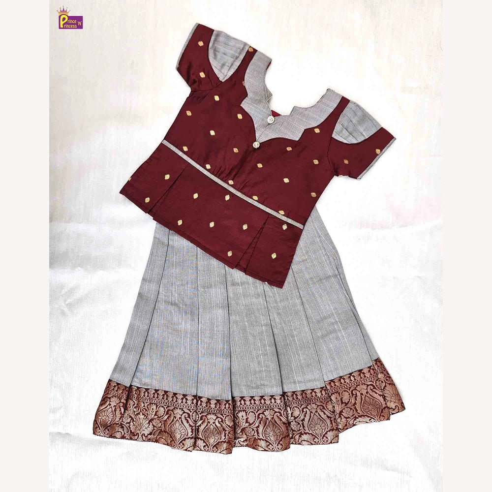 Kids Maroon Grey Traditional Pattu pavadai PPP1509