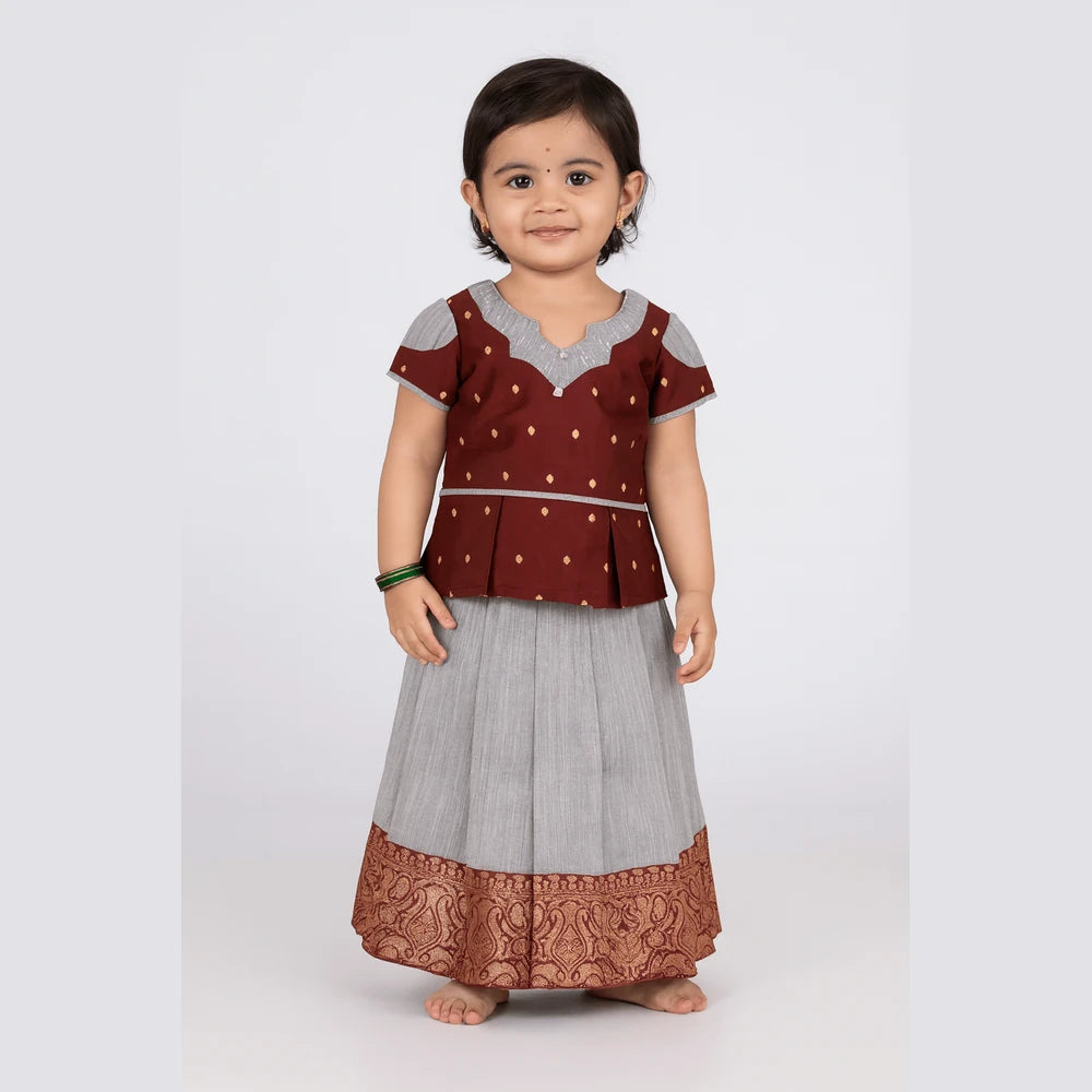 Kids Maroon Grey Traditional Pattu pavadai PPP1509