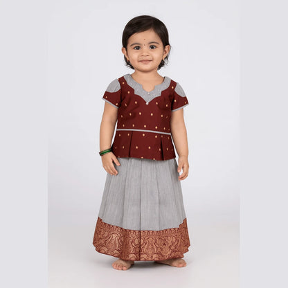 Kids Maroon Grey Traditional Pattu pavadai PPP1509